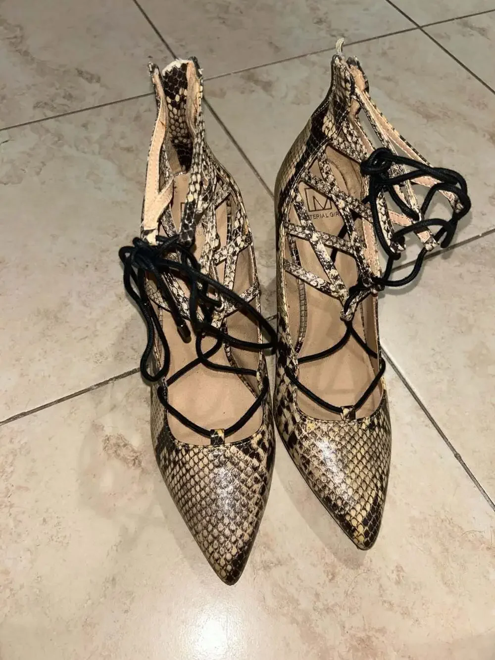 Material Girl Pointed Toe Lace-Up Stiletto Heels in Snakeskin Print